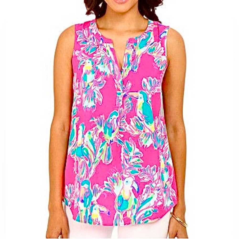 Lilly Pulitzer Stacey Dragonfruit Toucan Pink Sleeveless Blouse Top Womens Sz XS
